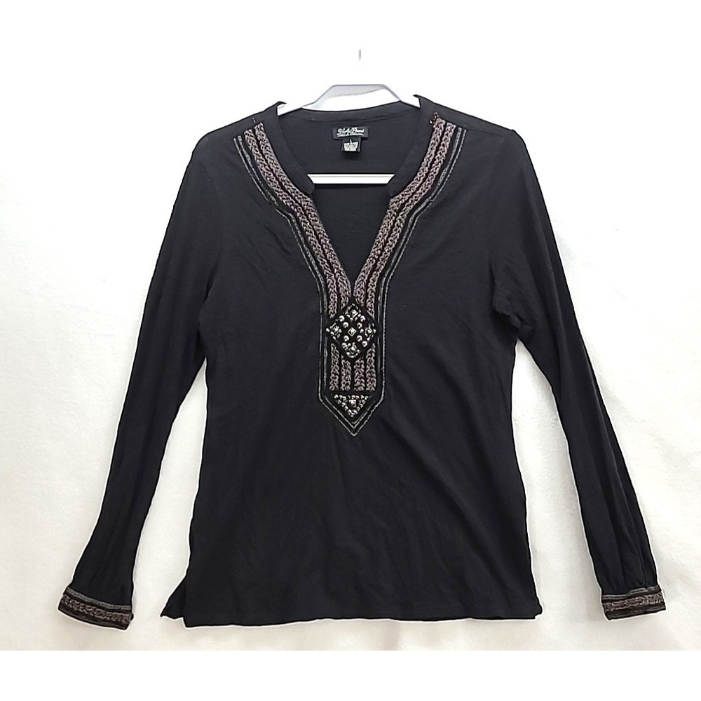 Vtg Y2K Lucky Brand Long sleeve Top V Neck Sz L Embroidered Beaded‎